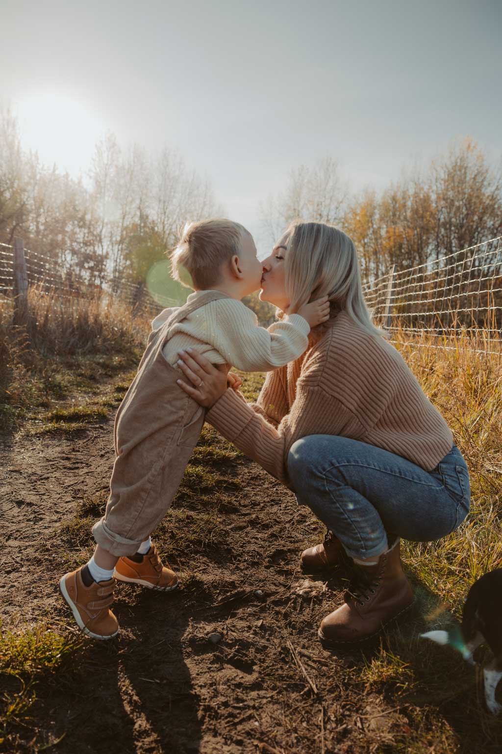 familienfotos familienfotografie kindefotos in Berlin Karlshorst in der Natur mit mama und Sohn. familienfotoshooting zu zweit im freuen mit Schafen auf einem Feld.